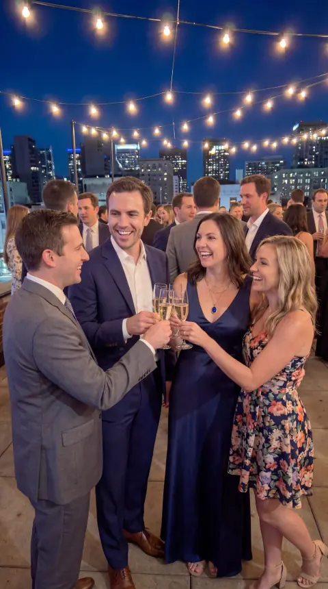 Friends toasting in the final rooftop story frame
