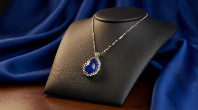 Blue pendant styled against deep blue fabric